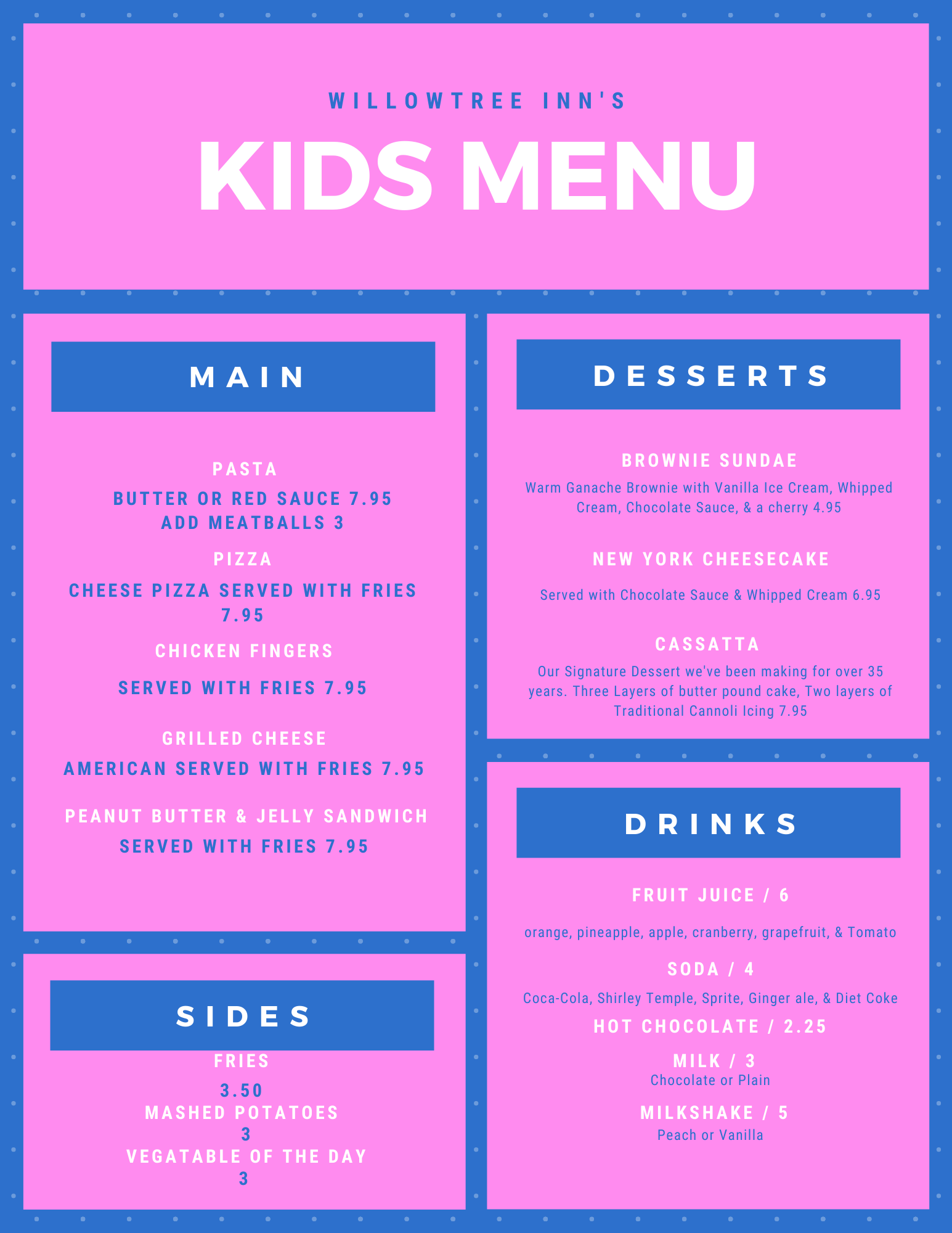 Kids Menu, children are welcome. We offer a Childrens menu